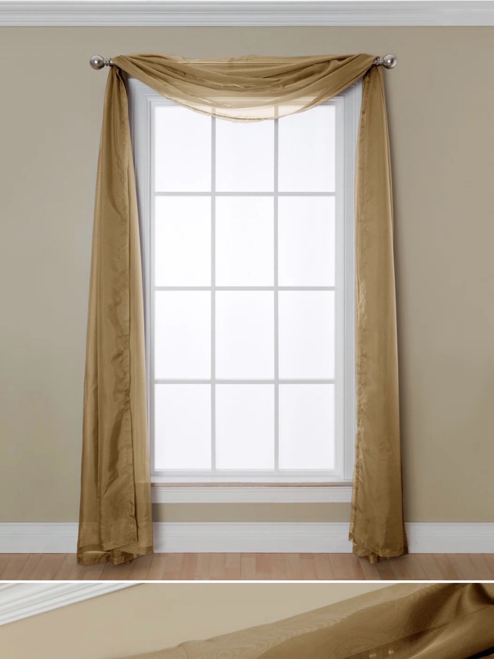Sheer Window Curtain Panel in Light Gold Tan Scarf Style
